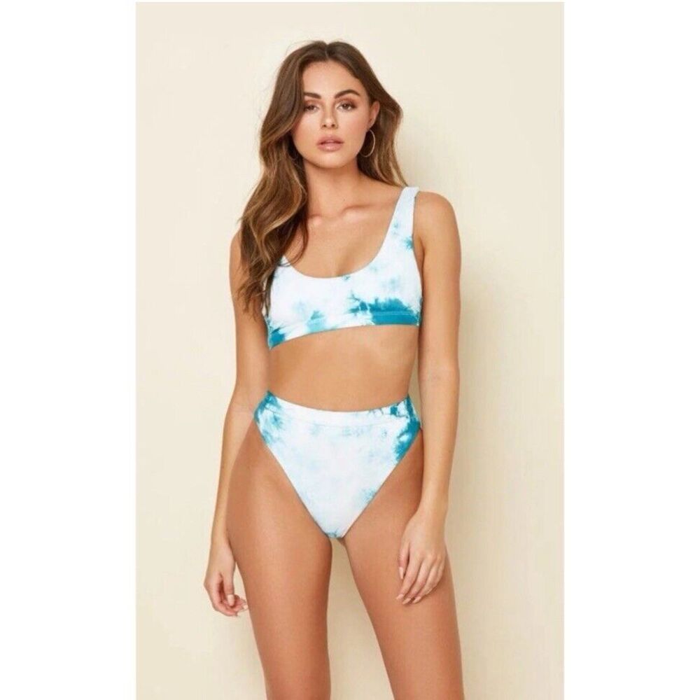 Tie-Dye Scoop Neck High-Waist Bikini Set - Turquoise/White